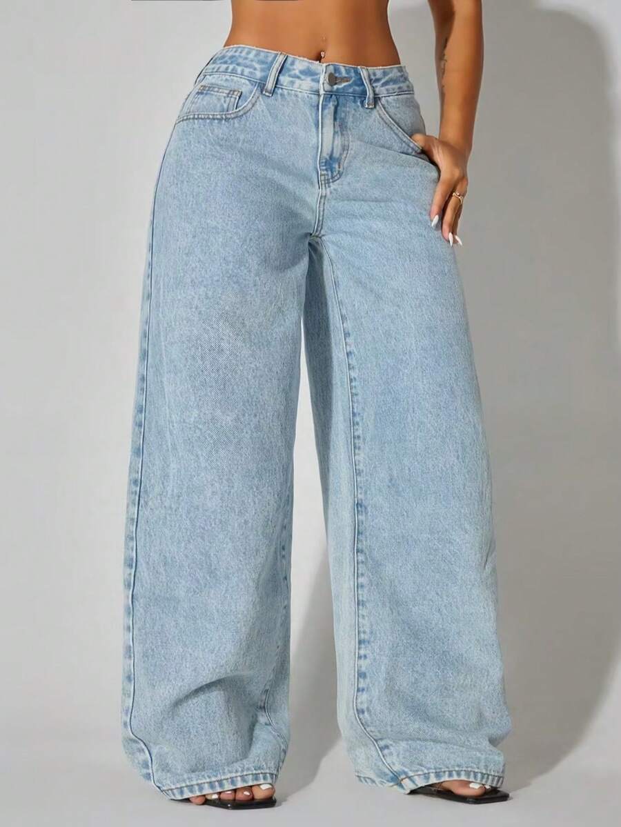 Jeans casuales de mujer de cintura baja, pierna ancha, con bolsillos laterales curvos, azules, ropa de otoño y primavera - Lavado ligero - Ver 1