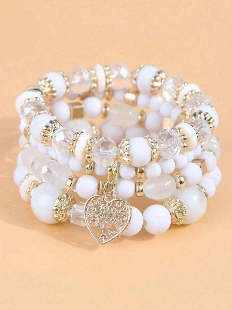 4pcs/Set Heart Charm Beaded Bracelet Valentines,Mom,Mother,Mother's Day,Gift  Casual    Copper - 白色 - 查看 1