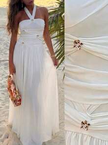 Plus Size Spring/Summer Halter Neck Ruffle Mesh Metal Buckle A-Line Solid Color Elegant Party Beach Vacation Dress For Women White - White - View 2