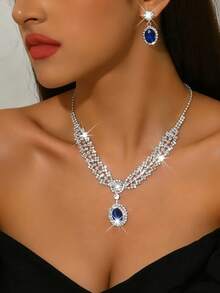 1对优雅吊坠耳环，1条迷人项链，1条镶嵌水钻的黑色水滴吊坠手链 - 铜质首饰套装，适合婚礼和特殊场合佩戴 - 藍色 - 查看 7