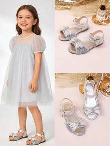 2026 Glitter Pearl Bow Girls Sandals, Silver Sequin Soft Bottom Anti-Slip Crystal Princess Shoes For Summer - Silver - View 1