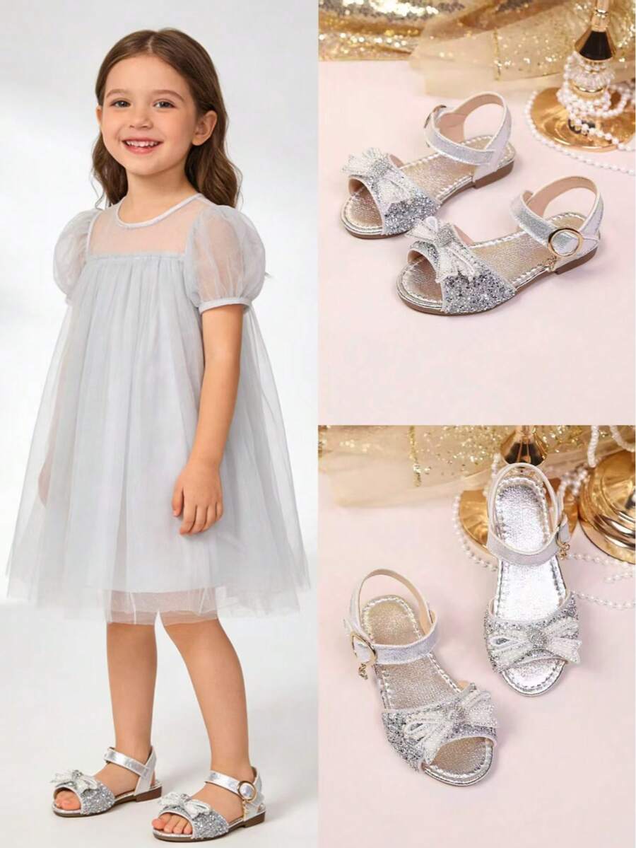 2026 Glitter Pearl Bow Girls Sandals, Silver Sequin Soft Bottom Anti-Slip Crystal Princess Shoes For Summer - Silver - View 1