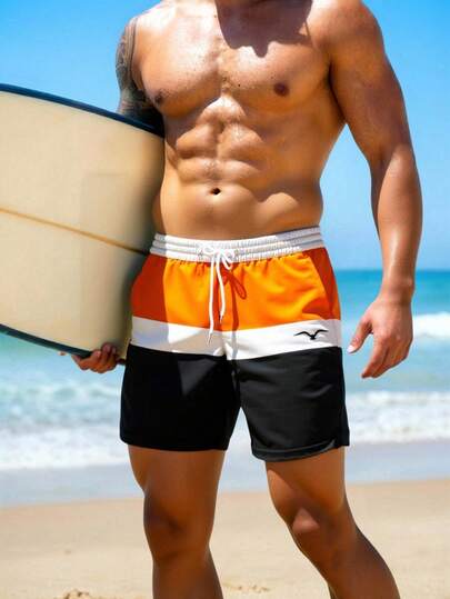 شورت رجالي صيفي بطبعة مطبوعة، خصر بسحاب، جيوب مائلة، هاواي سريع الجفاف، بطانة شبكية مزدوجة الطبقة، طبعة ثلاثية الأبعاد بتباين الألوان للنوارس، شورت سباحة كاجوال عصري للشاطئ والمنتجعات