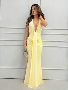 Elegant Yellow Cream Sexy Deep V-Neck Dress Women, Spring/Summer,Fall,Wedding Guest Dress Formal Dresses Wedding Guest - 酒紅色 - 查看 11