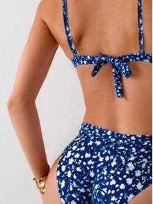Summer New Women's Sweet Sexy Spaghetti Strap Back Tie Vacation Beach Random Floral Print Two Pieces Split Fashion Elegant Bikini Set Set - Multicolor - View 6