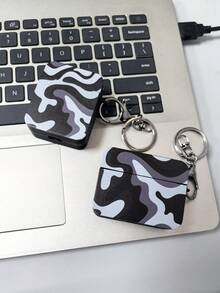 Camouflage Square Black Earphone Case With Buttons, Compatible With AirPod4 Pro2 Pro3, Airpods3, Airpods2 Bluetooth Earphone Protective Case - Black - View 1