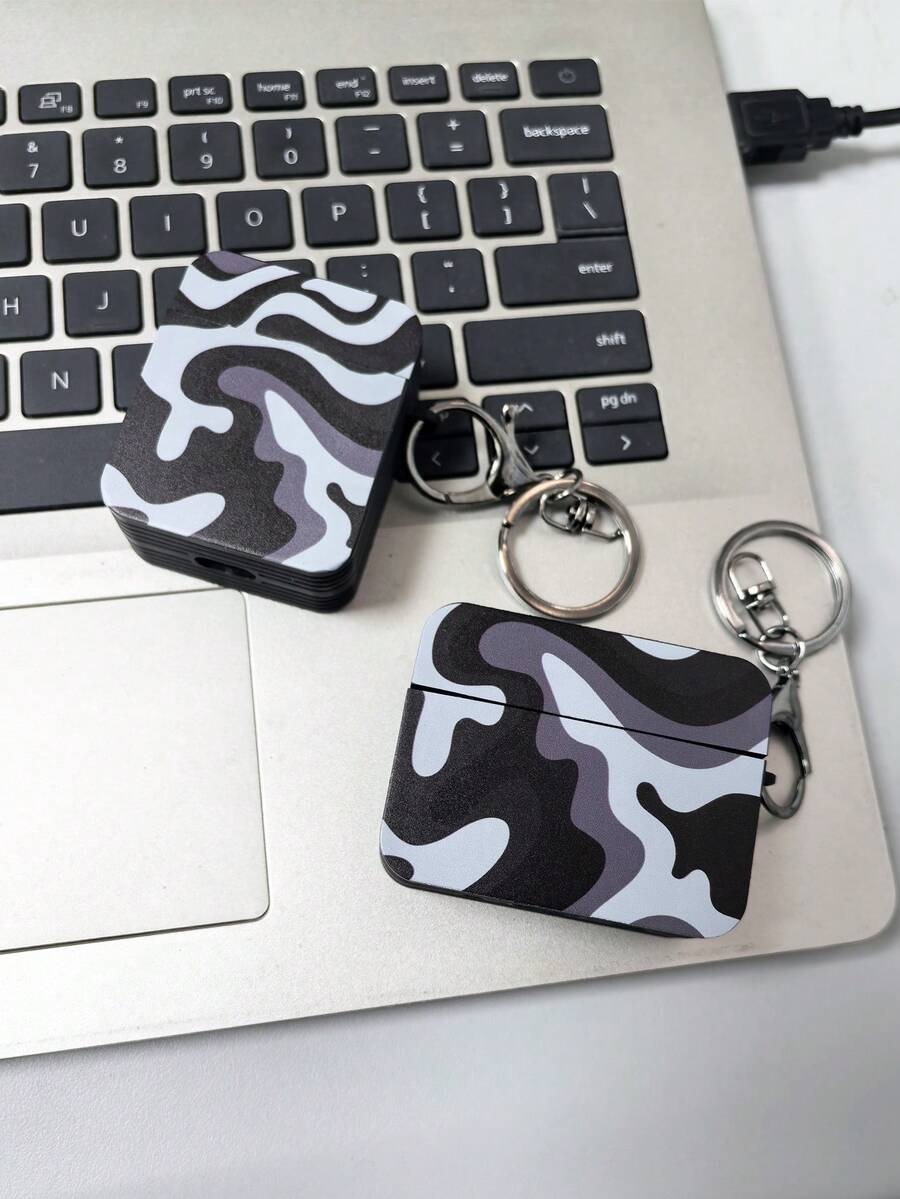 Camouflage Square Black Earphone Case With Buttons, Compatible With AirPod4 Pro2 Pro3, Airpods3, Airpods2 Bluetooth Earphone Protective Case - Black - View 1