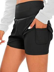 Women's Nylon Elastic High Waist 2 In 1 Sports Shorts, Hidden Pocket Design Suitable For Spring/Summer Running, Gym, Outdoor, Marathon, Tennis Black - Black - View 1