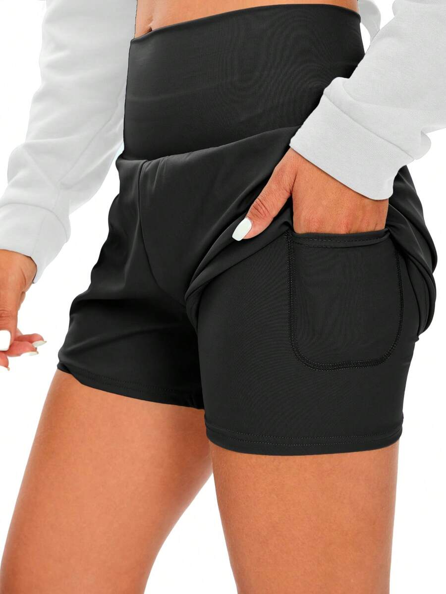 Women's Nylon Elastic High Waist 2 In 1 Sports Shorts, Hidden Pocket Design Suitable For Spring/Summer Running, Gym, Outdoor, Marathon, Tennis Black - Black - View 1