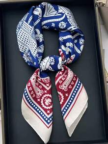 1条仿丝印花领巾，多功能头巾/围巾，适合日常使用 - 紅藍 - 查看 3