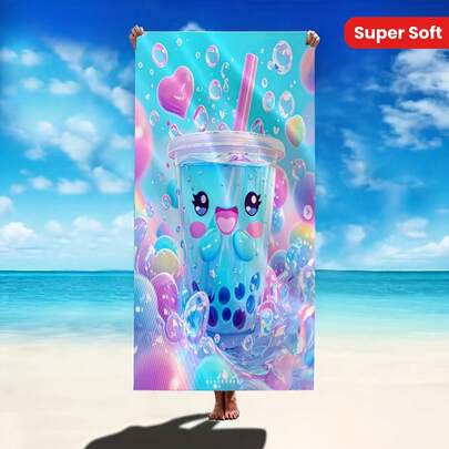 超柔软微纤维沙滩巾，可爱奶茶图案，大尺寸毛巾，适合居家、浴室、户外旅行，超级柔软速干，是生日、送给女性、瑜伽、游泳、跑步、旅行、露营的绝佳礼物。