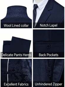 Men's 3 Piece Suit Slim Fit Solid One Button Party Wedding Tuxedo Suits Blazer Jacket Vest Pants Set - 藏蓝色 - 查看 3