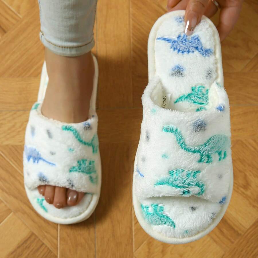 New Dinosaur Pattern Plush Slippers, Casual Open Toe Soft Couple House Slippers, Comfortable EVA Sole And Fabric Insole, Suitable For All Seasons, Unisex