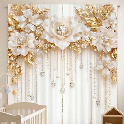 2Pcs Floral Print Nursery Curtains, White & Gold Floral Design Rod Pocket Window Drape, Baby Shower Party Supplies,Backdrop For Baby Shower, Nursery Room Decor, Ceremony Arch Cover, Gender Reveal Party Supplies, Kitchen Curtain,Home Window Treatment,Spring Party Decor,Birthday Party,Decor For Home