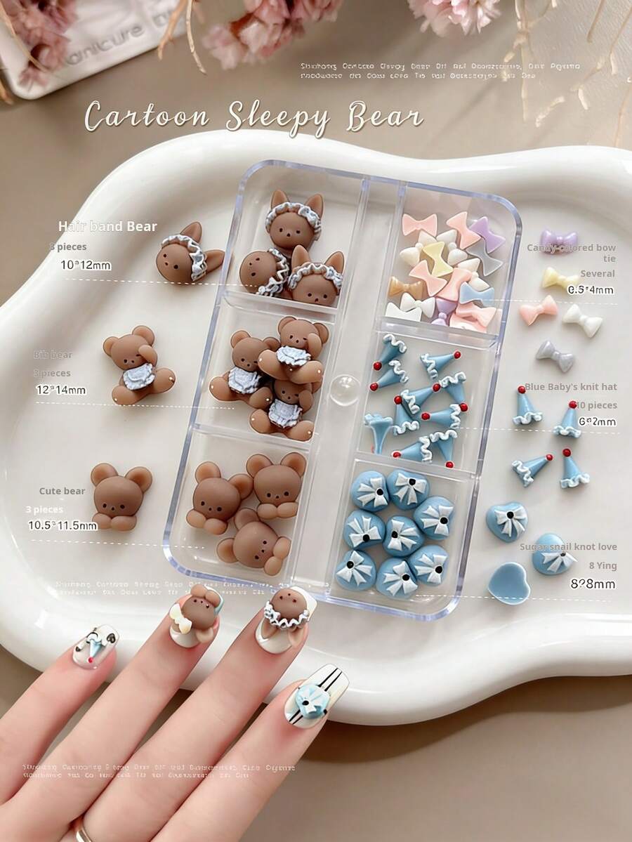 6格圍裙裝飾盒，可愛卡通3D蝴蝶結美甲飾品DIY裝飾美甲配件