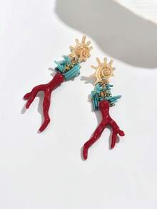 一对时尚经典海洋派对仿珍珠镶嵌红珊瑚镀金螃蟹海星天然贝壳DIY手工饰品，新款金色螺旋钉，蓝珊瑚红珊瑚吊坠耳环，多种款式可选，适合女性假日派对、返校季、节日礼物 - 紅珊瑚 - 查看 4