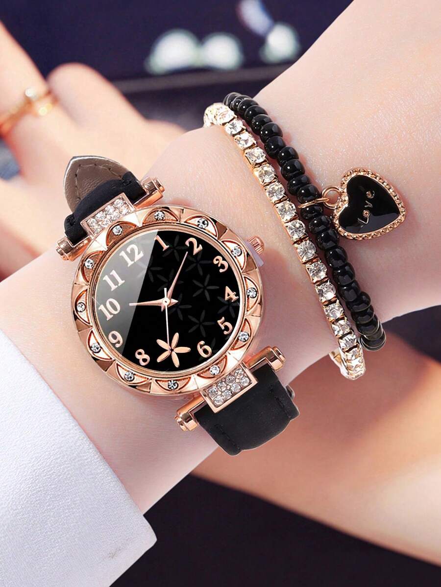 3er Set modische, minimalistische, multifunktionale Quarz-Damenuhr, rundes Zifferblatt, lässig vielseitig, inklusive Schmuckarmband mit Strass-Herzform, geeignet für Feiertage und den täglichen Gebrauch - Schwarz - Übersicht 1
