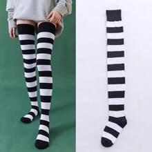 1 Pair Women's Over The Knee Socks Combed Cotton Thigh High Socks Plus Size Long Loose Fit Striped Fashion Casual Daily Wear - 黑色 - 查看 7