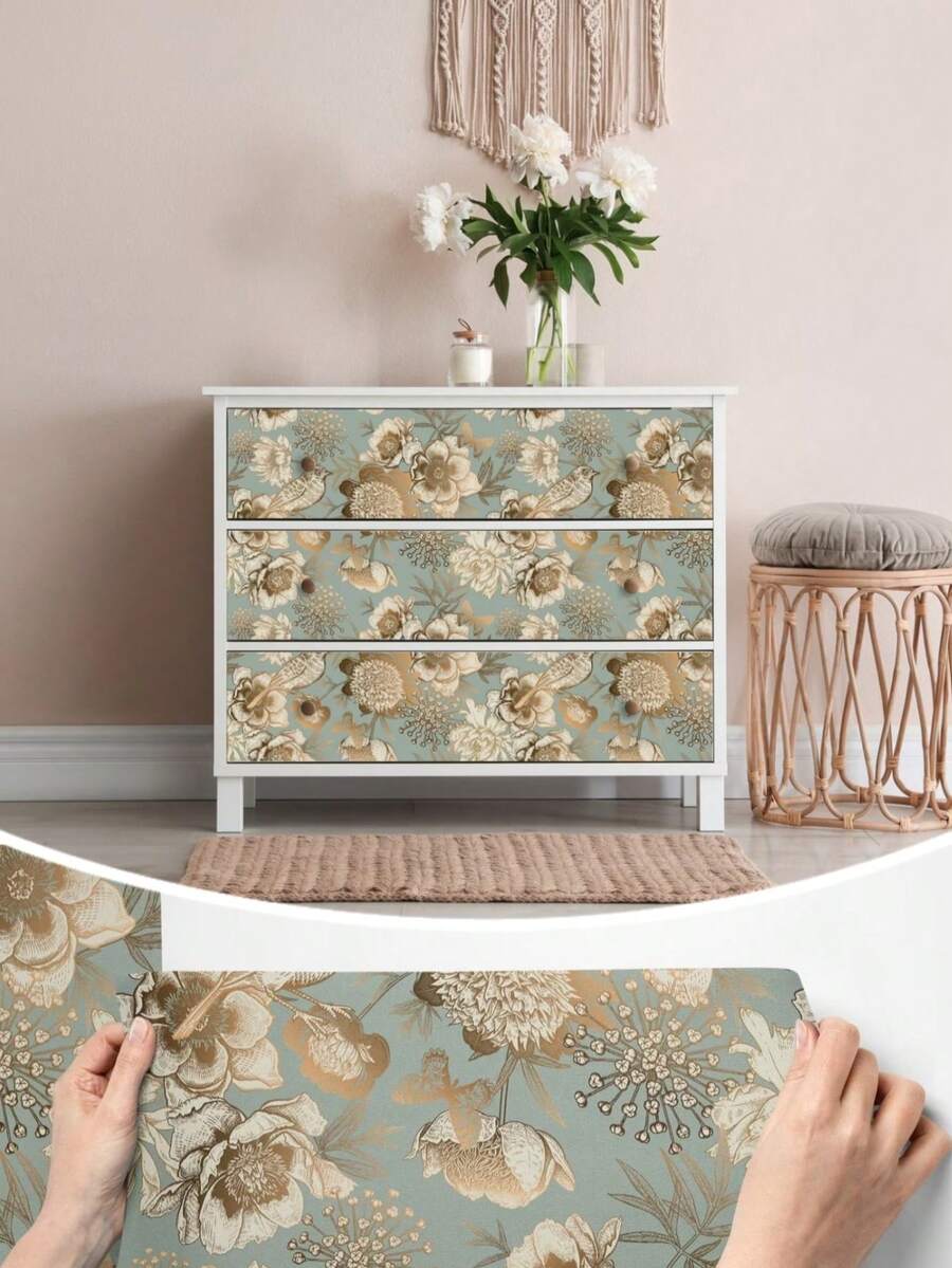 1 Cuộn Giấy Dán Tường Tự Dẹp Họa Tiết Hoa Vàng Cổ Điển, Giấy Dán Tường Hoa Chim Vườn, Thích Hợp Cho Phòng Ngủ, Phòng Khách, Tường Nhấn Điểm, Kích Thước 17,5 Inch x 10 Feet, Giấy Dán Tủ Màu Xanh Bạc Hà Đậm, Giấy Dán Tường Có Thể Tháo Rời, Nhãn Dán Ngăn Kéo