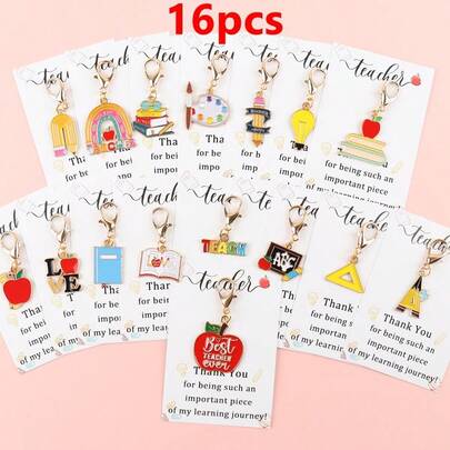 16 piezas Regalos de Apreciación al Maestro Manzanas Lindas Lápiz Libro Llavero Arcoíris, Adecuado para Colgante de Bolso, Cadena de Bolso, Decoración de Bolso, Diseño de Tema de Agradecimiento, Regalo Ideal para el Día del Maestro, Regreso a Clases, Graduación, Día de Acción de Gracias