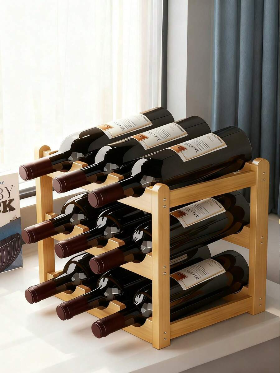 Estantería de pie de bambú para botellas de vino con capacidad de 9/12 botellas, diseño de 3 niveles con superficie superior, adecuado para almacenamiento de vino en cocinas, restaurantes y bares. - Multicolor - Ver 1