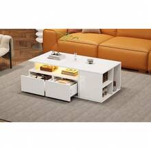 Coffee Table / Modern High-Gloss Coffee Table With LED Lighting / Elegant Table With Drawer And 50 Kg Load Capacity / With Storage Shelf For Living Room, 100x50x40.3 Cm - White3 - View 5
