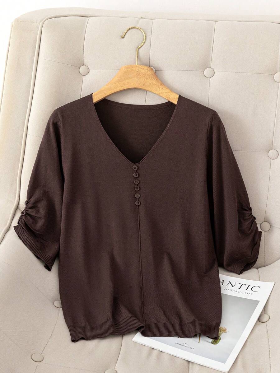 新款纯色深棕色V领休闲短款针织上衣 - 咖啡棕 - 查看 1