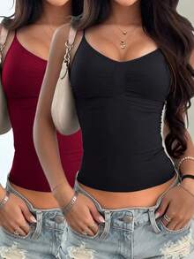 Solid Color Chest Pleated V-Neck Spaghetti Straps Slim-Fitting And Shaping Camisole 2-Pack Spring And Summer Date Tops For Hot Girls - Multicolor - View 7