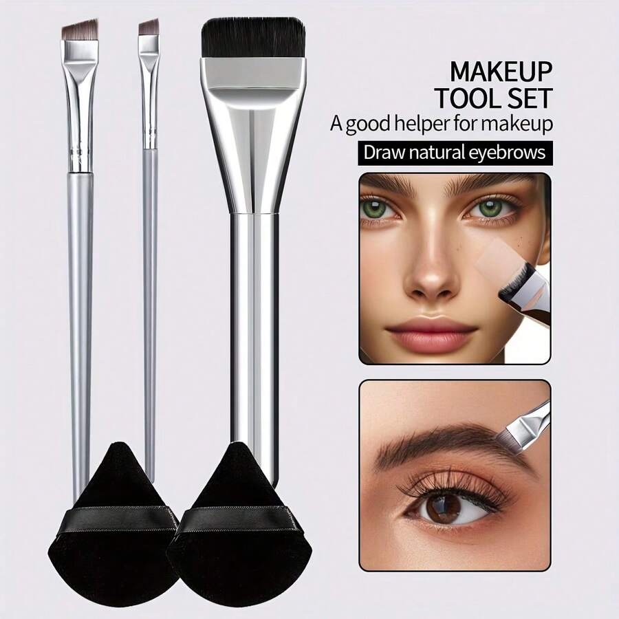 Bộ cọ trang điểm gồm 1 cọ tán kem nền siêu mỏng, 2 cọ kẻ mắt và lông mày mảnh, 2 bông mút trang điểm hình tam giác, cọ lông nylon, không mùi, phù hợp với mọi loại da, cán bằng nhựa ABS. - Nhiều màu - Xem 1
