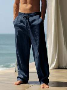 Men's Breathable Linen Loose Casual Sports Pants, Suitable Beach, Spring/Summer - 藏蓝色 - 查看 2