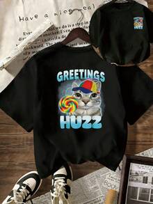 T-shirt unisexe d'été en coton 100% respirant et confortable, impression recto-verso noire "chat Lollipop Greetings Y2K Streetwear", cadeau parfait, tailles S-3XL - Noir - Voir 3