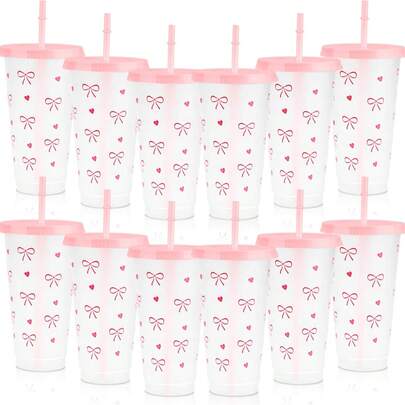 1 pieza Vaso reutilizable con lazo rosa lindo con tapa y pajita, transparente, adecuado para café helado, agua, jugo, refresco, excelente para playa, boda, cumpleaños, vacaciones, Navidad, Halloween, fiesta, oficina, piscina, eventos, citas, actividades al aire libre, botella deportiva, uso diario y al aire libre (Nota: El producto puede tener algunos arañazos durante el transporte, pero no afecta el uso)