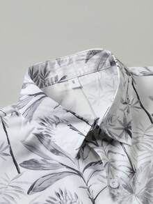 男士热带植物印花翻领纽扣前开襟休闲短袖衬衫，夏季 - 灰色 - 查看 4