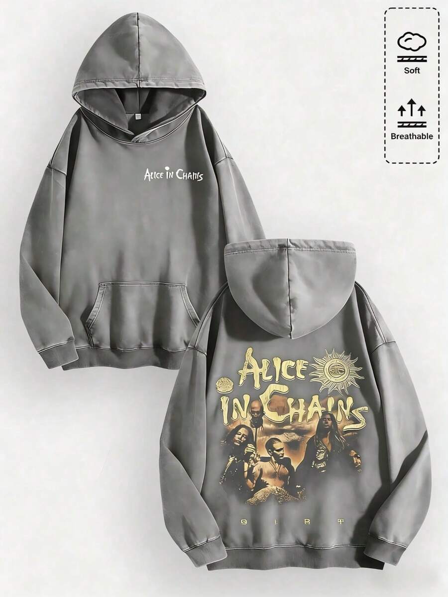 Unisex Y2K "Alice In Chains - Misfit Rock Band" Graphic Cotton Hoodie, Retro Casual Fashionable Daily Soft Warm Hoodies For Streetwear - 灰色 - 查看 1