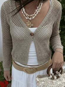 JustMiss Women's Spring/Summer Mesh Hollow Out Solid Color Minimalist Elegant Fashion Single Button Cardigan Long Sleeve Daily Home Commute Shopping Versatile Vacation T-Shirt Knit Top Sweater - Grey - View 3