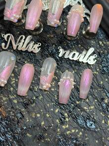 10pcs Coffin Type Handmade Women's Wearable Nail Stickers Fully Covered And Reusable Medium Viscosity, Light Pink Nails, Hand-Painted Pink Purple Aurora Phoenix Tail Texture, 3D White Small Pearls, Y2K Style Nail Art Set,Suitable For Women And Girls,Festivals,Daily,Party,Gatherings And OtherPlaces Use(Includes: A Piece Of Jelly Glue And A Friction Strip) Nail Stuff - Baby Pink - View 6