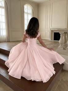 Vestido largo de verano elegante y casual para mujer, vestido plisado romántico para boda, fiesta y ocasiones, color rosa - Rosa - Ver 2