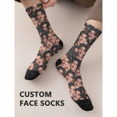 1pair Custom Put Any Face On Socks For Men, Personalized Photo Socks For Handsome Guys & Beautiful Girls, Interesting Customized Picture Couple High Crew Socks, Suitable For Valentine's Day, Birthday Gifts And Other Occasions,Funny,Crazy,Anime,Multicolor Socks,Full Of Face Socks, Fall