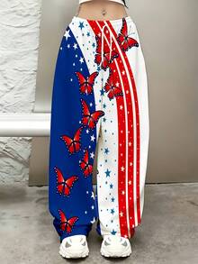 American Flag Butterfly Print Wide Leg Pants With Drawstring Waist For Casual And Sport Wear Suitable For Independence Day Celebration And Patriotic Events Perfect For Comfortable Daily Wear And Outdoor Activities Ideal For Women Who Love Fashion And Freedom Spirit Suitable For Leisure And Exercise - 白色 - 查看 2