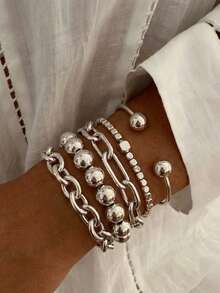 5pcs Vintage Exaggerated Minimalist Coin Design Layered Chunky Chain Beaded Bracelet Set, Suitable For Dating, Vacation, Daily Wear, Party, Holiday Gift For Women - Silver - View 1