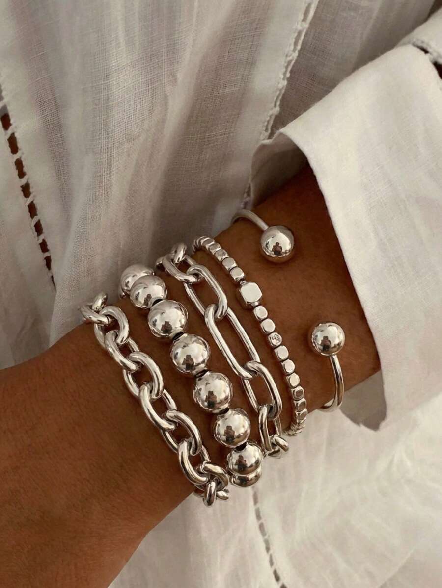 5pcs Vintage Exaggerated Minimalist Coin Design Layered Chunky Chain Beaded Bracelet Set, Suitable For Dating, Vacation, Daily Wear, Party, Holiday Gift For Women - Silver - View 1