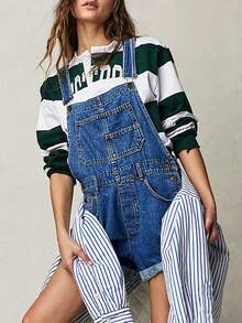 Bộ jumpsuit denim ống rộng có gấu, ôm dáng, thích hợp cho mùa hè. - Rửa trung bình - Xem 3