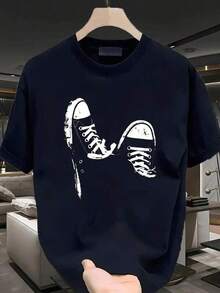 T-Shirt Suitable For Both Parties And Daily Wear. Men's Casual Short-Sleeved T-Shirt With Sneaker Print. White T-Shirt With Crew Neck And Breathable Digital Print, Suitable For Summer Wear. Comfortable And Breathable, Machine Washable, Urban Style, Casual And Modern Look. Short-Sleeved T-Shirts Suitable For Everyday Wear. Can Be Worn With Your Sisters As A Brother-Sister Set, For Festivals, Birthdays (1 Piece). - 黑色 - 查看 7
