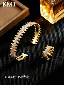 KMT 2pcs Copper Inlaid Artificial Zirconia Luxury Gear Personalized Beaded Bracelet & Ring Set, High-End Hip-Hop Style Jewelry, Gift For Girlfriend/Best Friend Birthday, Daily Commute Versatile Jewelry. Luxury Delicate Socialite Style, Korean Gentle Heiress Matching Accessories, Niche Stepped Gear Design, Simple Elegant Commute Versatile Style, Afternoon Tea Socialite Gathering, Light Evening Dress Small Party, Bridal Pre-Wedding Daily Wear, - Gear Style - View 1
