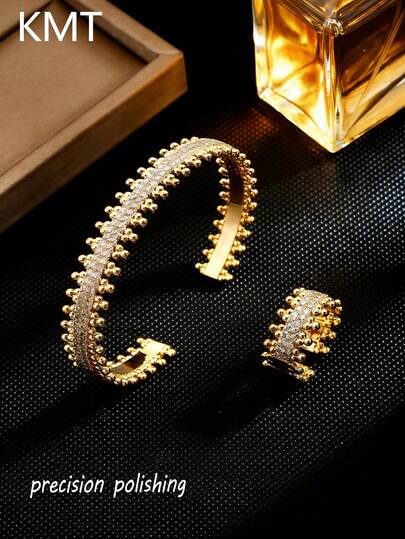 KMT Bộ 2 chiếc vòng tay và nhẫn đính đá Cubic Zirconia hình bánh răng bằng đồng, trang sức phong cách Hip-Hop sang trọng, cá nhân hóa, quà tặng cho bạn gái/bạn thân, phù hợp để đeo hàng ngày.