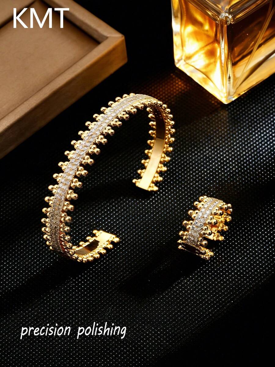 KMT 2pcs Copper Inlaid Artificial Zirconia Luxury Gear Personalized Beaded Bracelet & Ring Set, High-End Hip-Hop Style Jewelry, Gift For Girlfriend/Best Friend Birthday, Daily Commute Versatile Jewelry. Luxury Delicate Socialite Style, Korean Gentle Heiress Matching Accessories, Niche Stepped Gear Design, Simple Elegant Commute Versatile Style, Afternoon Tea Socialite Gathering, Light Evening Dress Small Party, Bridal Pre-Wedding Daily Wear, - Gear Style - View 1