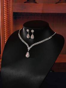 1 Set Gold-Tone Elegant Necklace And Earrings Jewelry Set, Fashion Simple Necklace Earrings Suit For Gala, Wedding, Birthday Party, Prom, Adult Ceremony, Alloy Crystal Bridal Accessories Valentine's Day Accessories - Silver - View 5