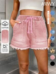 ARWY纯色休闲宽松抽绳女式牛仔短裤，适合日常、度假、海滩、旅行、所有季节、返校季、复活节、万圣节、圣诞节和夏季穿着。 - 淺粉色 - 查看 2