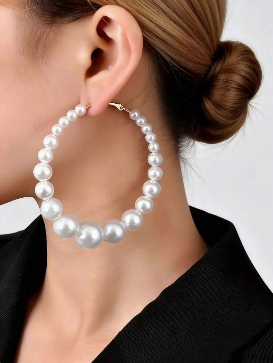 1 Pair Fashionable Minimalist Versatile Pearl Design Hoop Earrings, Suitable Gift For Girls And Women - White - View 1
