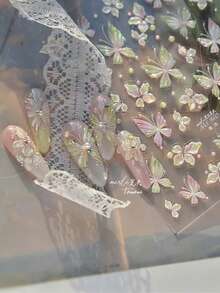 1 Folha de Adesivos de Unha de Borboleta Jelly Romântica 5D em Relevo, Brilhante, Rosa e Verde, Decalques de Unha de Borboleta Perfeitos para Decoração de Unhas de Casamento e Uso Diário - Multicolorido - Visão 2